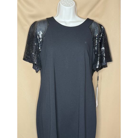 Calvin Klein Black Sequin Flutter Sleeve Midi Sheath Dress 14 NWT - Picture 7 of 9